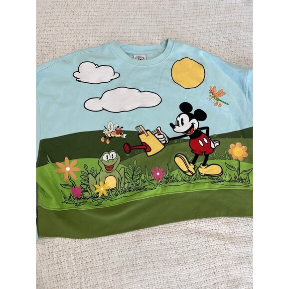 Disney Parks Mickey & Spike Garden Cropped Sweatshirt Retro Flowers Sz L *TG7 - Picture 2 of 13
